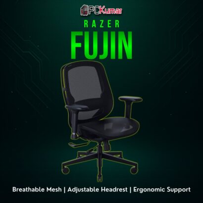 Razer Fujin gaming chair with a mesh backrest, simpler base, and angled armrests, balancing comfort and minimal design.