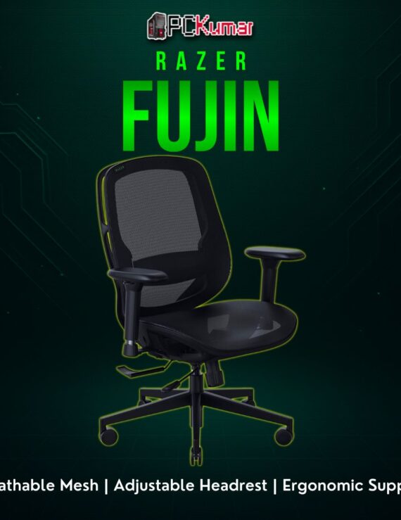 Razer Fujin gaming chair with a mesh backrest, simpler base, and angled armrests, balancing comfort and minimal design.