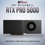 PNY NVIDIA RTX PRO 5000 Blackwell card featuring 48GB of high-speed memory, four DP 2.1b connectors, and advanced compute cores.