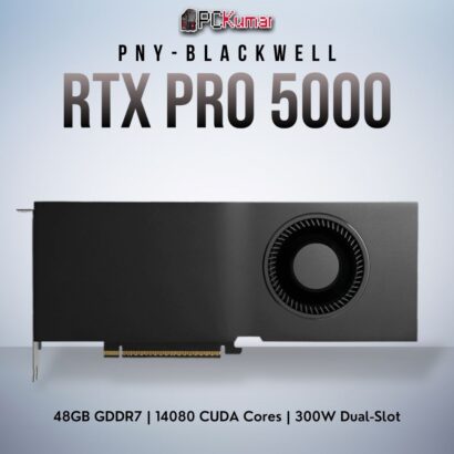PNY NVIDIA RTX PRO 5000 Blackwell card featuring 48GB of high-speed memory, four DP 2.1b connectors, and advanced compute cores.