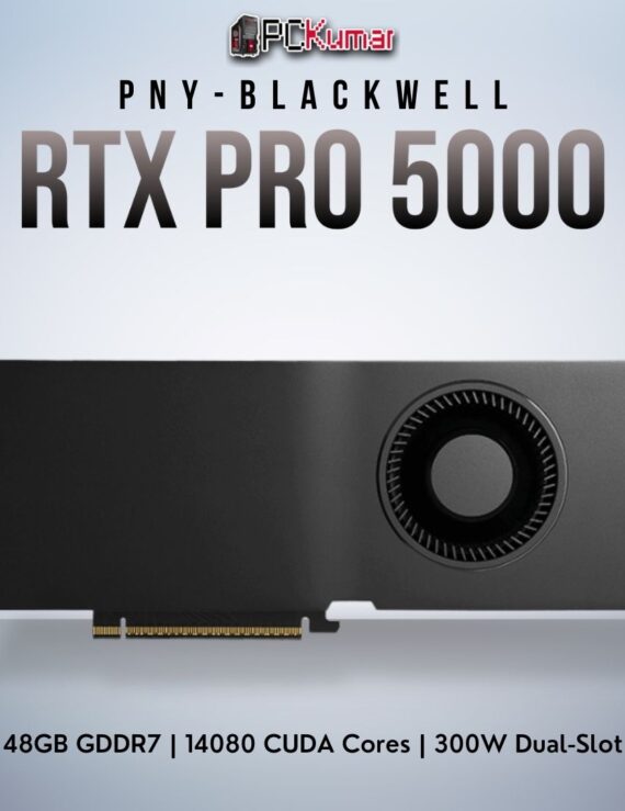 PNY NVIDIA RTX PRO 5000 Blackwell card featuring 48GB of high-speed memory, four DP 2.1b connectors, and advanced compute cores.
