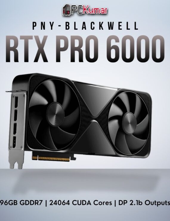 PNY NVIDIA RTX PRO 6000 Blackwell GPU featuring a dual-slot active cooler, 96GB GDDR7, and four DisplayPort 2.1b outputs.