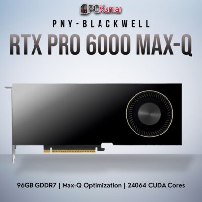 PNY NVIDIA RTX PRO 6000 Blackwell Max-Q card in a shorter dual-slot form, featuring 96GB memory and four DP 2.1b ports.