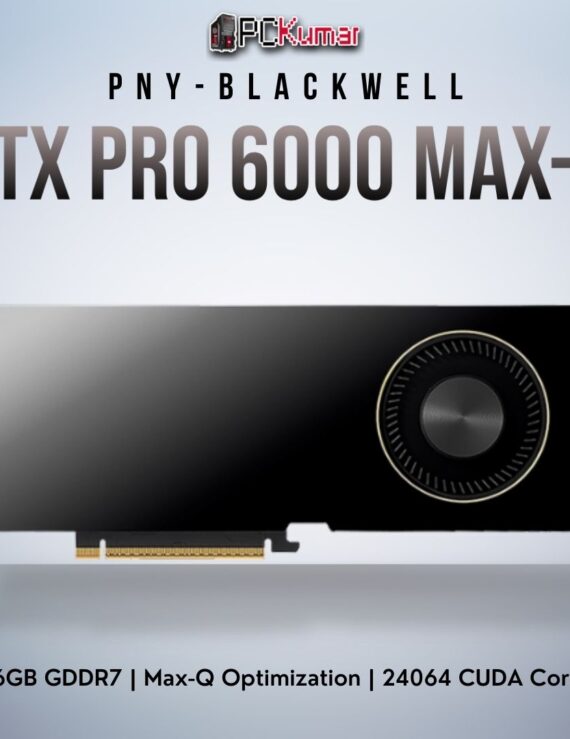 PNY NVIDIA RTX PRO 6000 Blackwell Max-Q card in a shorter dual-slot form, featuring 96GB memory and four DP 2.1b ports.
