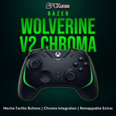 Razer Wolverine V2 Chroma black wired controller with side light strips and additional paddles for advanced Xbox gaming.