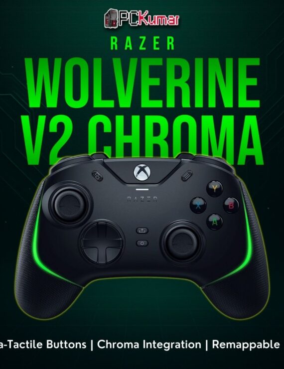 Razer Wolverine V2 Chroma black wired controller with side light strips and additional paddles for advanced Xbox gaming.