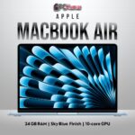 Sky Blue MacBook Air side angle showing slim fanless vents and MagSafe 3 connector.