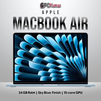 Sky Blue MacBook Air side angle showing slim fanless vents and MagSafe 3 connector.