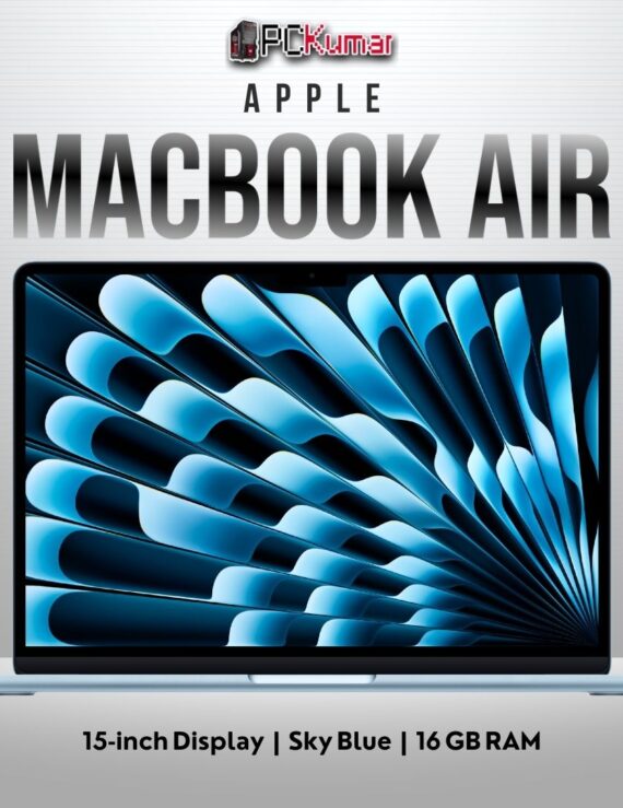Sky Blue MacBook Air 15‑inch open flat on desk demonstrating expansive screen area.