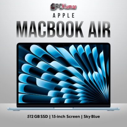 Sky Blue 15‑inch MacBook Air side profile with lid partially closed, highlighting slender taper.