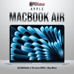 Close‑up of Sky Blue MacBook Air 15‑inch showcasing hinge and aluminium precision machining.
