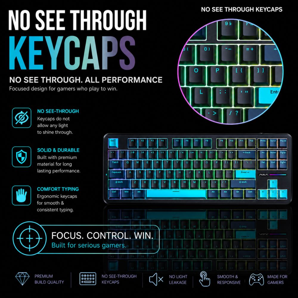 AULA F87 Wireless Trio Mode Mechanical Gaming Keyboard | Blue+Black+Cyan – Gray Wood Switch V4