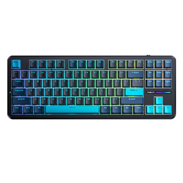 AULA F87 Wireless Trio Mode Mechanical Gaming Keyboard | Blue+Black+Cyan – Gray Wood Switch V4