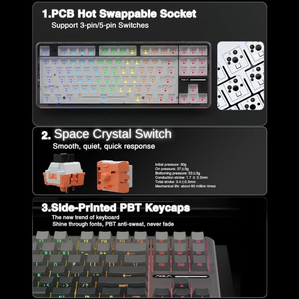 AULA F87 Wireless Trio Mode Mechanical Gaming Keyboard | Gradient grey space crystal switch
