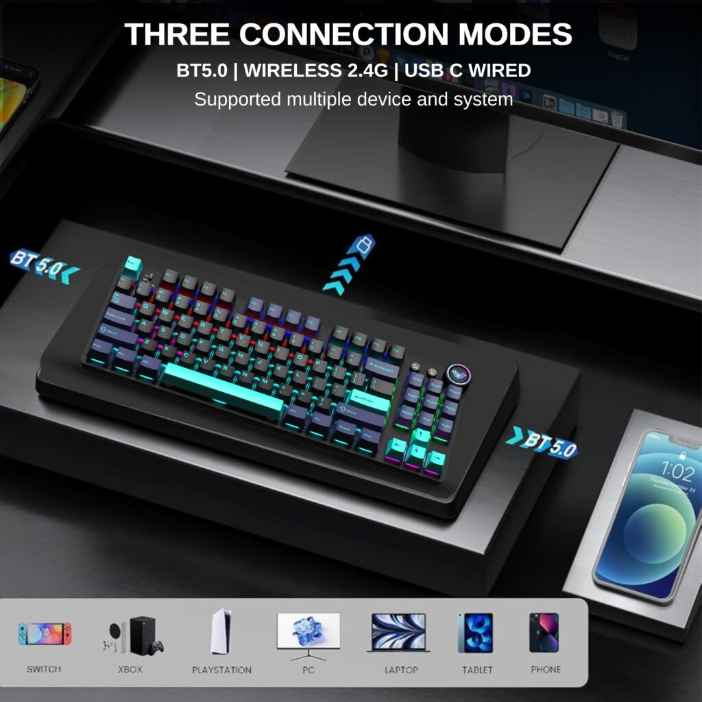 AULA 3-In-1 (2.4G/Bluetooth/Wired) TKL Mechanical Gaming Keyboard With Knob
