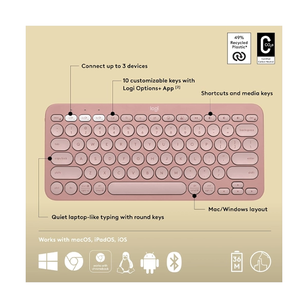 Logitech Pebble Keys 2 K380S Rose Wireless Keyboard